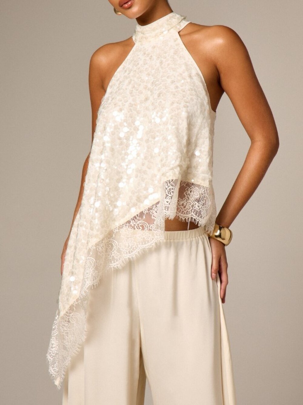 Cream Sequin Halter Neck Asymmetric Women's Top with Lace Trim Elegant
